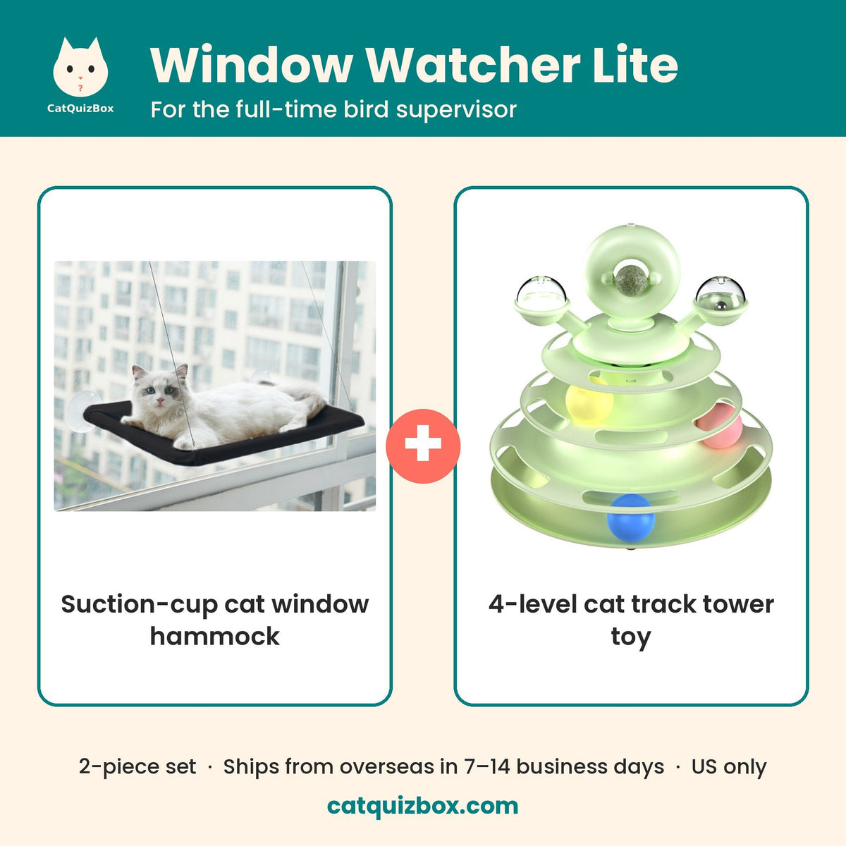 Window Watcher Lite set: suction-cup cat window hammock plus 4-level cat track tower toy