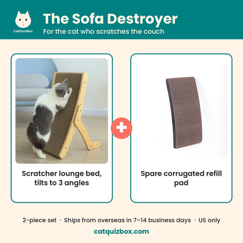Sofa Destroyer set: tilting cat scratcher lounge bed plus spare corrugated refill pad