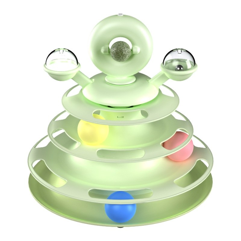 Green 4-level cat track tower toy with rolling balls