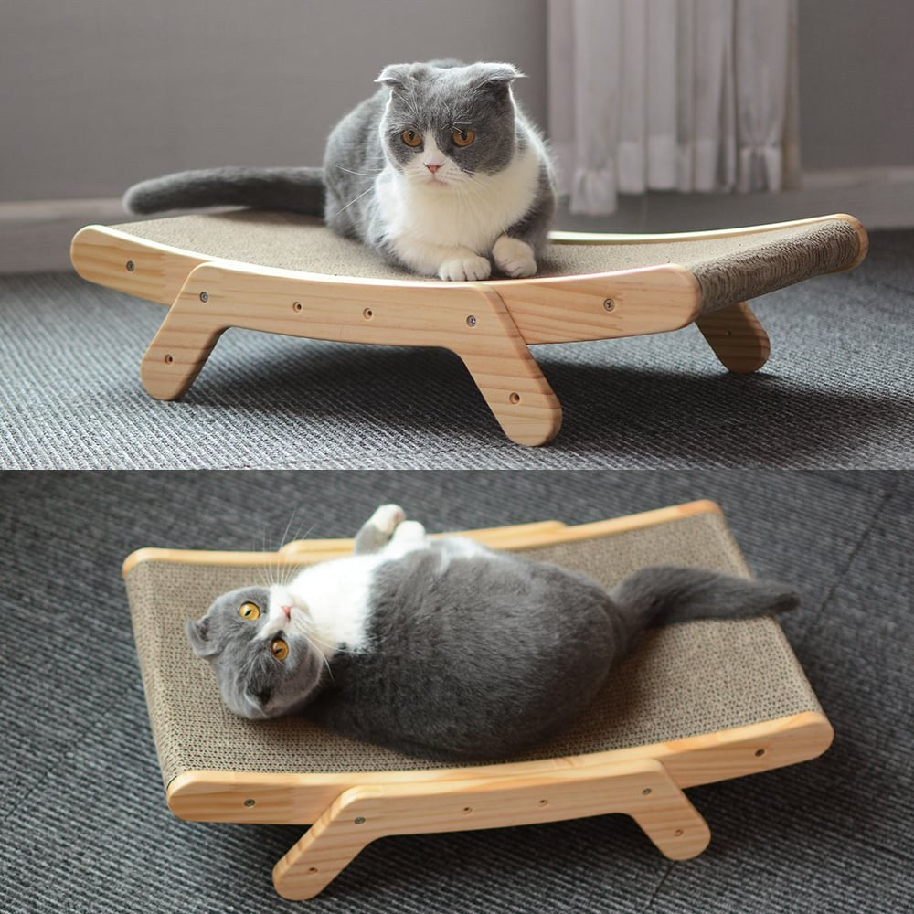Cat scratcher lounge bed set low, with a cat sitting and lying on it